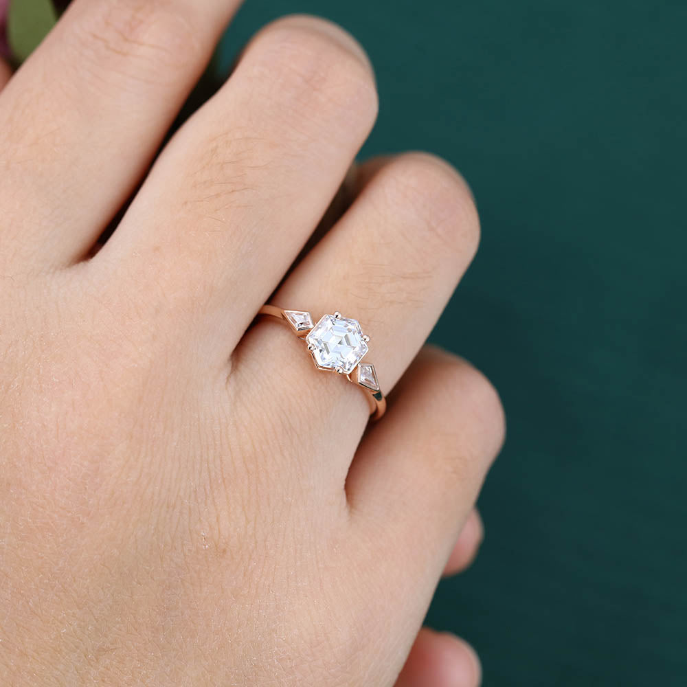 1CT Hexagon Cut Moissanite Engagement Ring with Kite Accented
