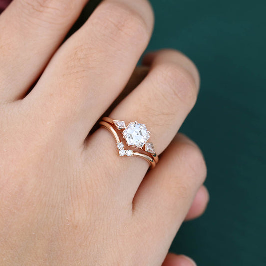 Hexagon cut Moissanite engagement ring set Unique rose gold ring Bezel ring Antique Kite cut Diamond ring Wedding Promise Anniversary ring