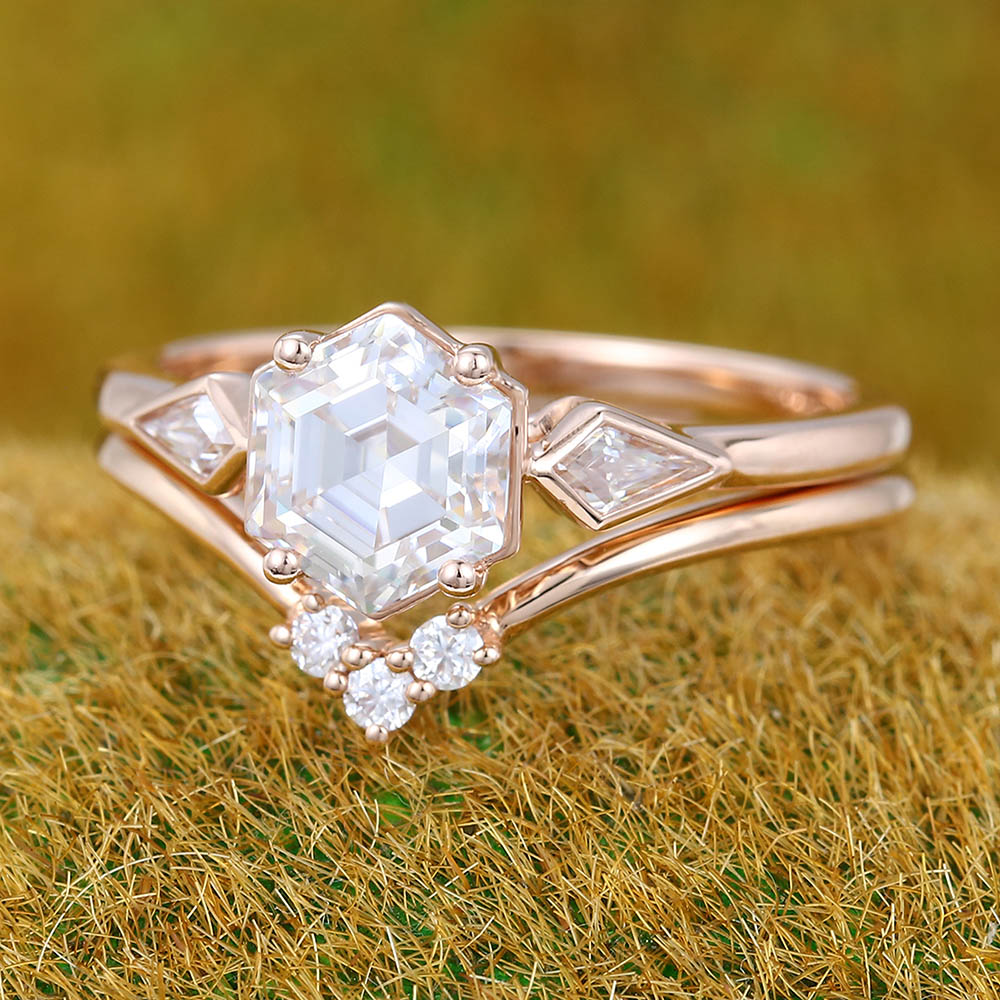 Hexagon cut Moissanite engagement ring set Unique rose gold ring Bezel ring Antique Kite cut Diamond ring Wedding Promise Anniversary ring