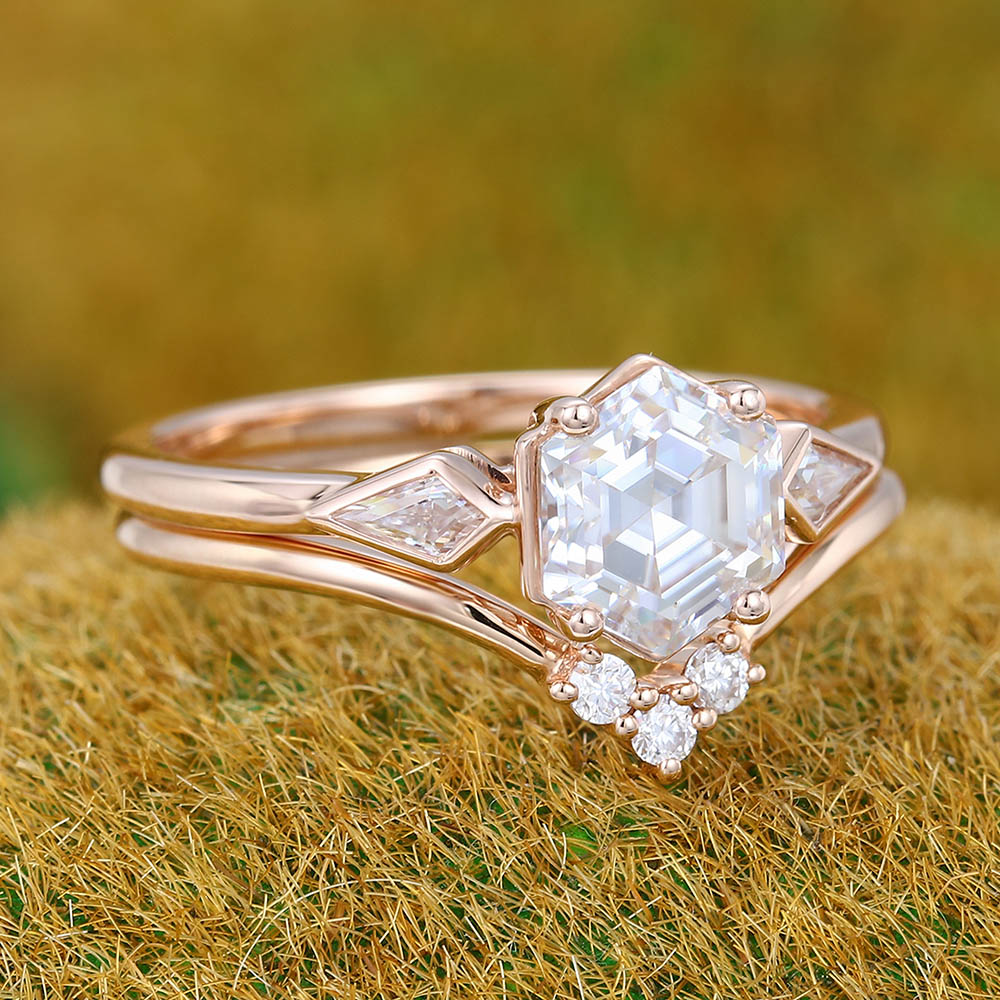 Hexagon cut Moissanite engagement ring set Unique rose gold ring Bezel ring Antique Kite cut Diamond ring Wedding Promise Anniversary ring