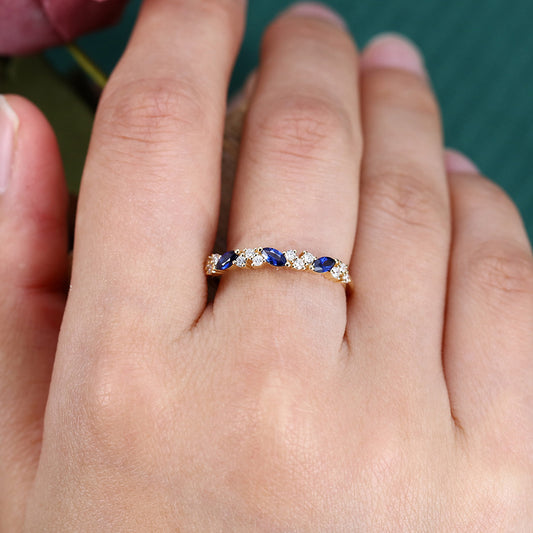 Marquise Sapphire Wedding Band with Petite Moissanite Accents