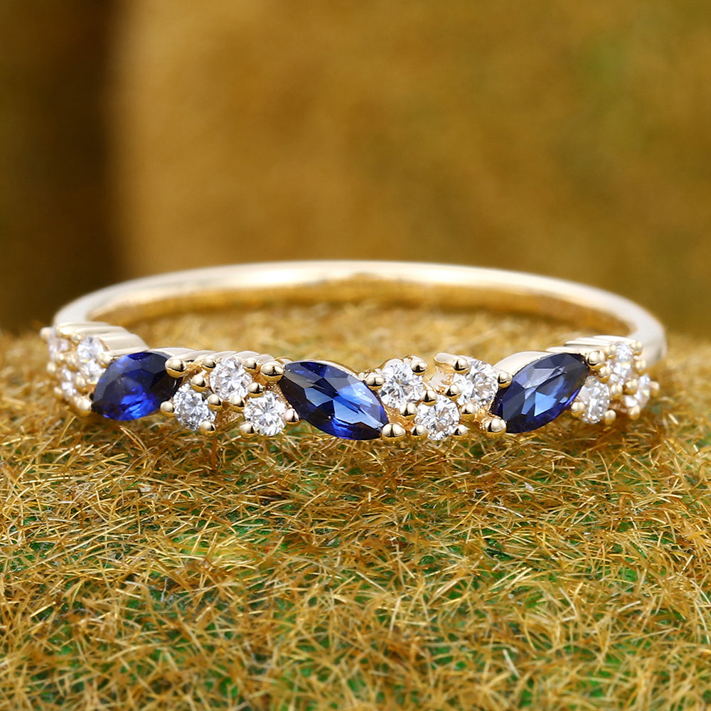 Marquise Sapphire Wedding Band with Petite Moissanite Accents
