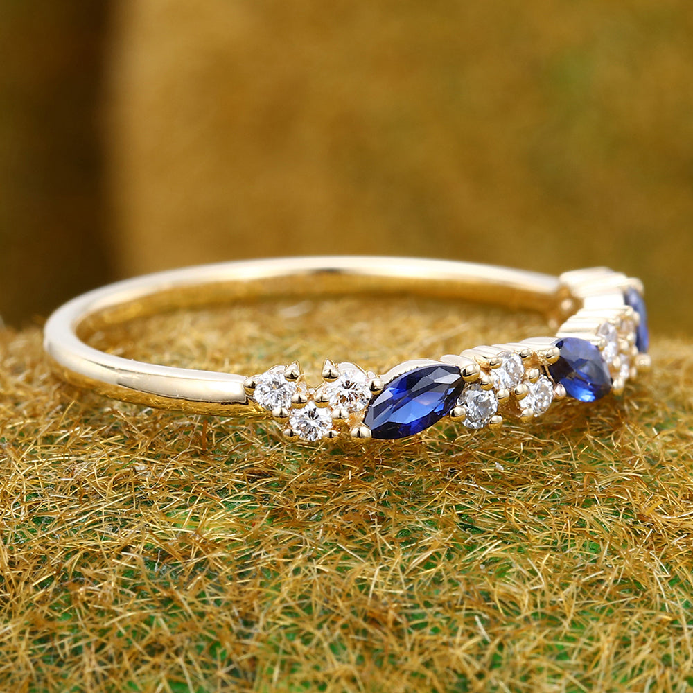 Marquise Sapphire Wedding Band with Petite Moissanite Accents
