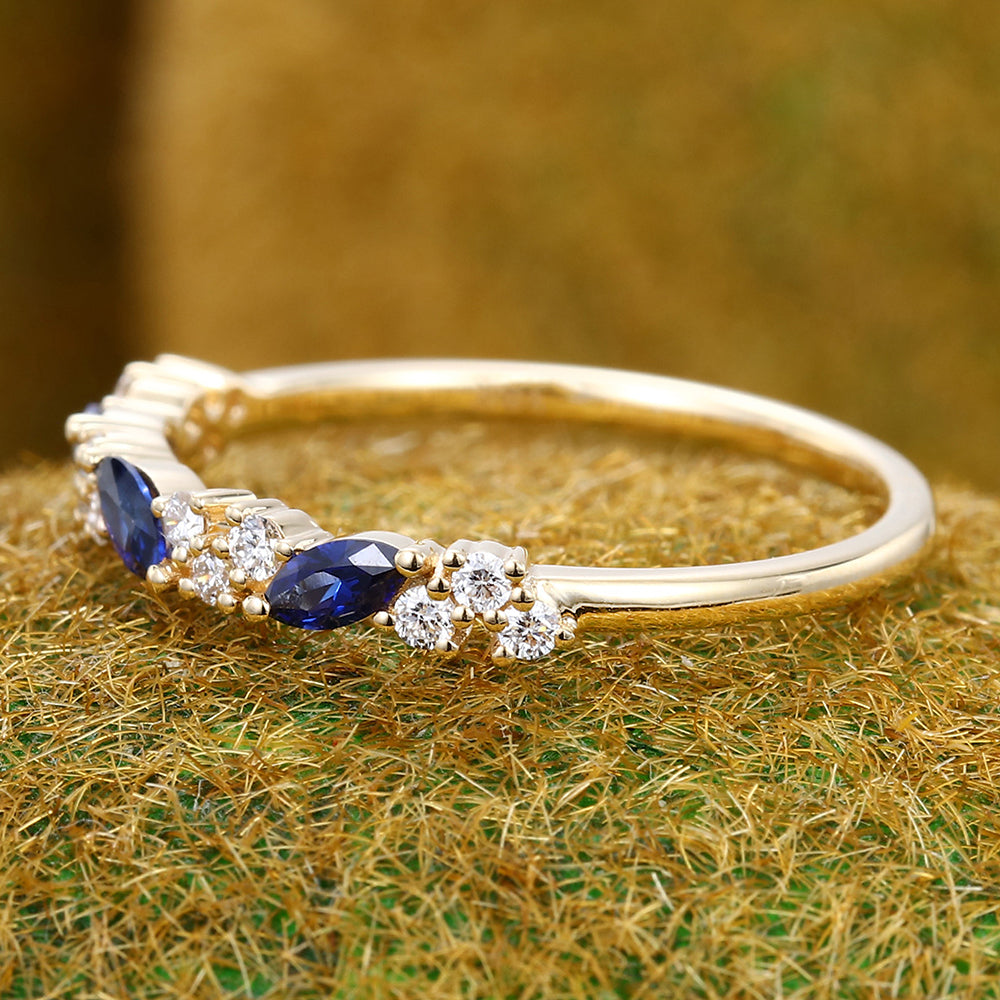 Marquise Sapphire Wedding Band with Petite Moissanite Accents