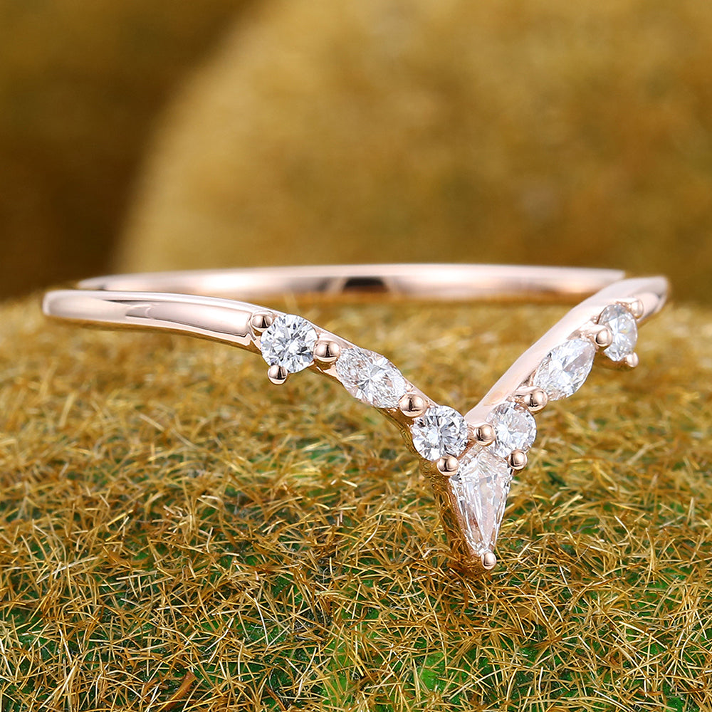 Multi Cut Moissanite Curved Wedding Band Bridal Stacking Ring