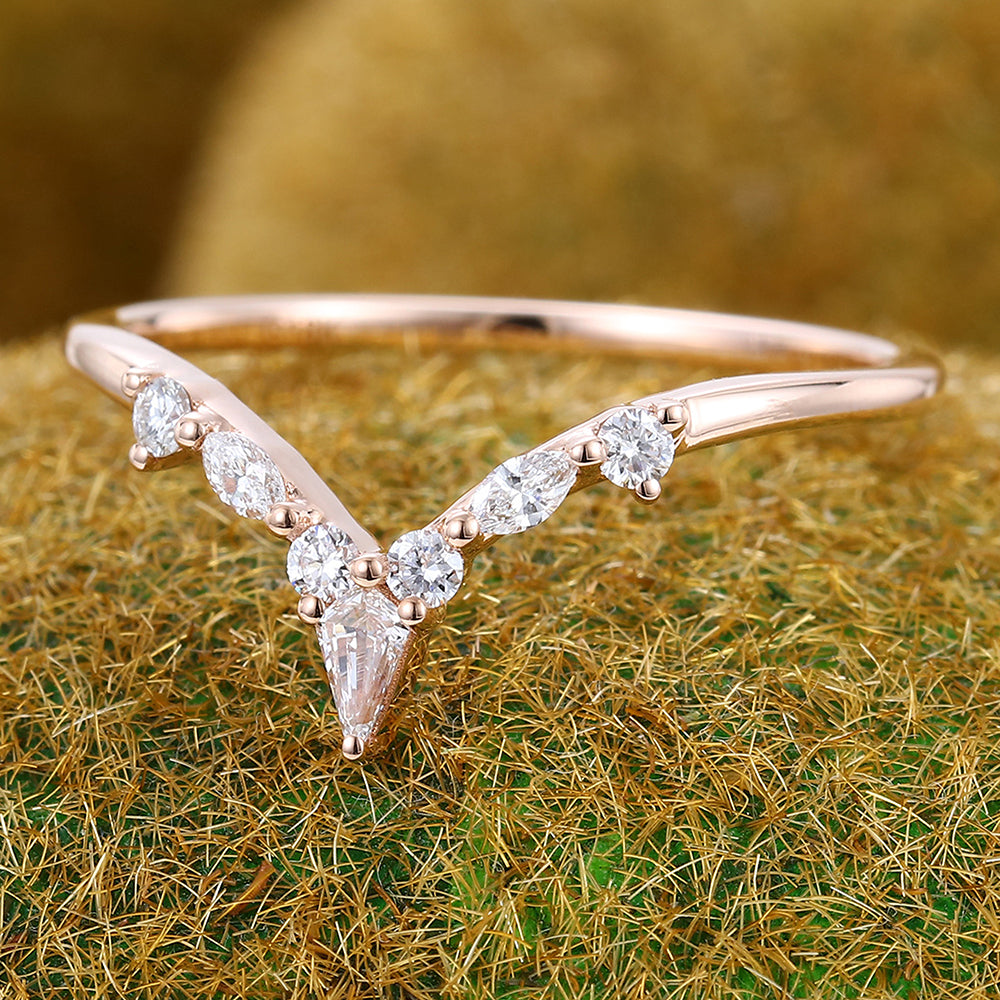 Multi Cut Moissanite Curved Wedding Band Bridal Stacking Ring