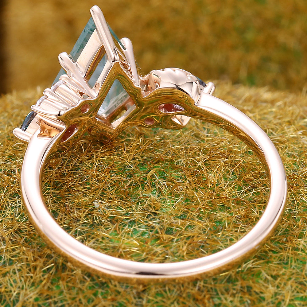 Kite Cut Moss Agate Engagement Ring with Nature-Inspired Accents