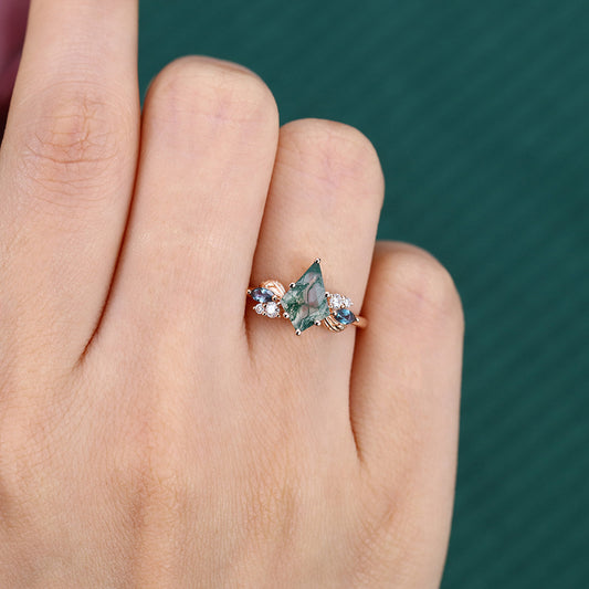 Kite Cut Moss Agate Engagement Ring with Nature-Inspired Accents