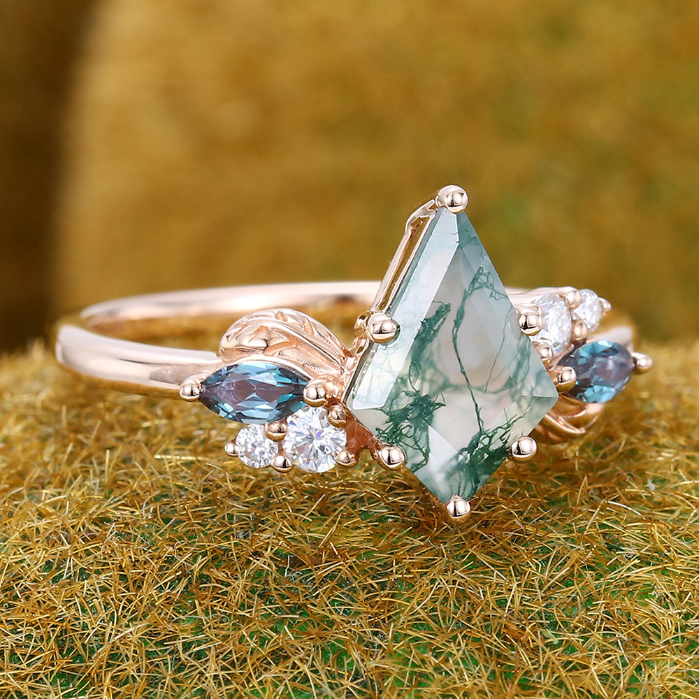 Kite Cut Moss Agate Engagement Ring with Nature-Inspired Accents