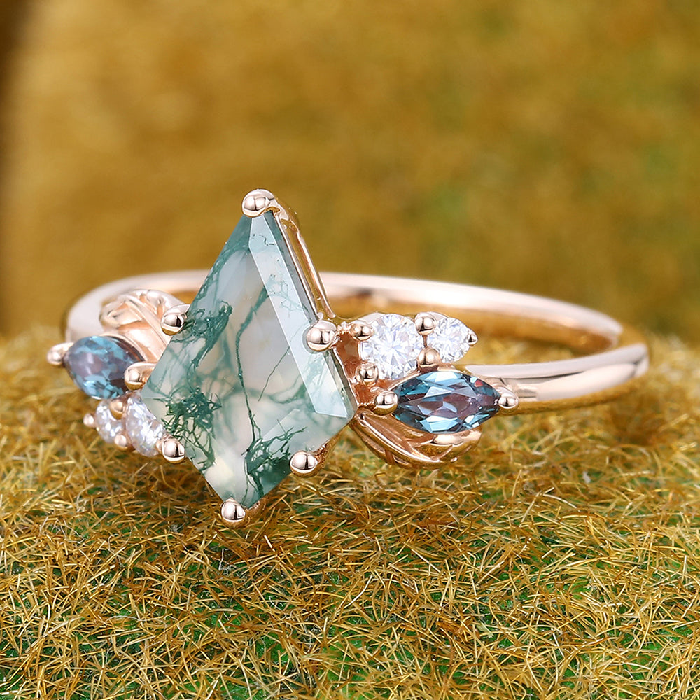 Kite Cut Moss Agate Engagement Ring with Nature-Inspired Accents