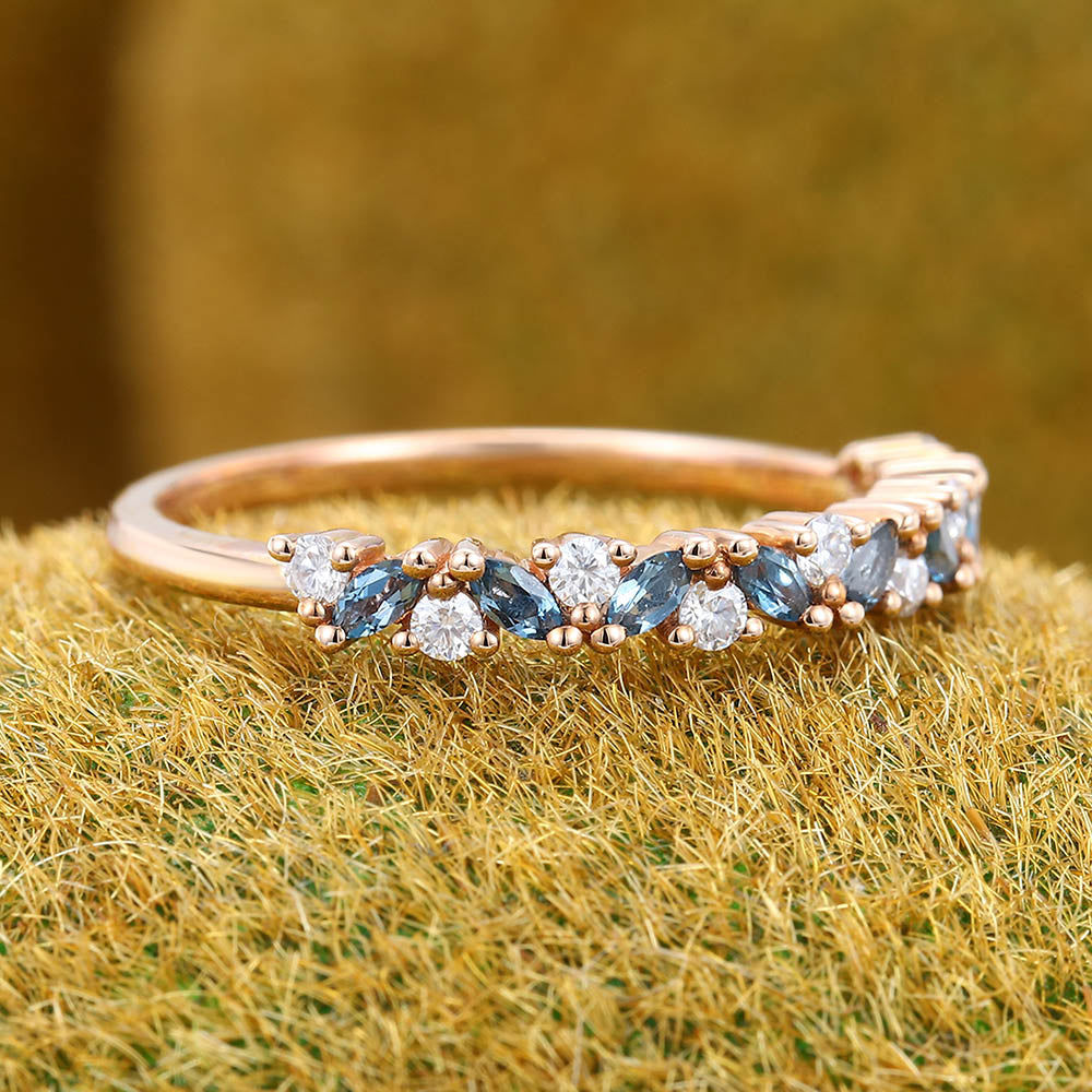 London Blue topaz wedding band Vintage moissanite Rose gold wedding band Half eternity Marquise cut diamond band Matching Stackable band
