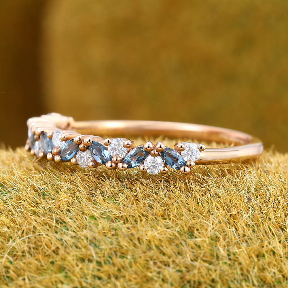London Blue topaz wedding band Vintage moissanite Rose gold wedding band Half eternity Marquise cut diamond band Matching Stackable band