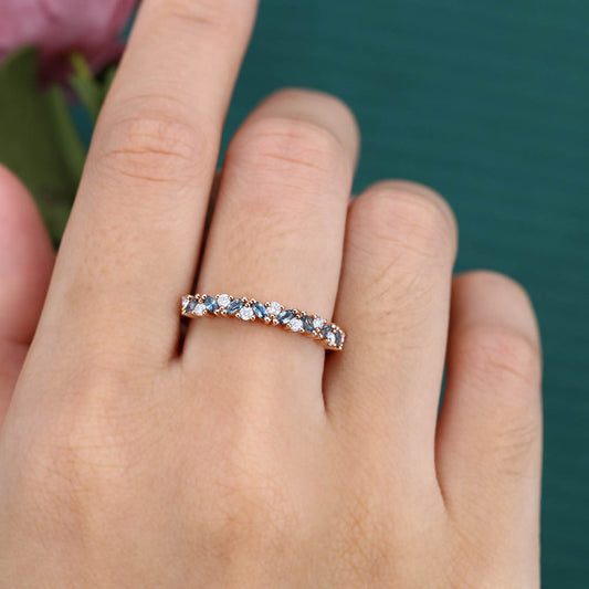 London Blue topaz wedding band Vintage moissanite Rose gold wedding band Half eternity Marquise cut diamond band Matching Stackable band