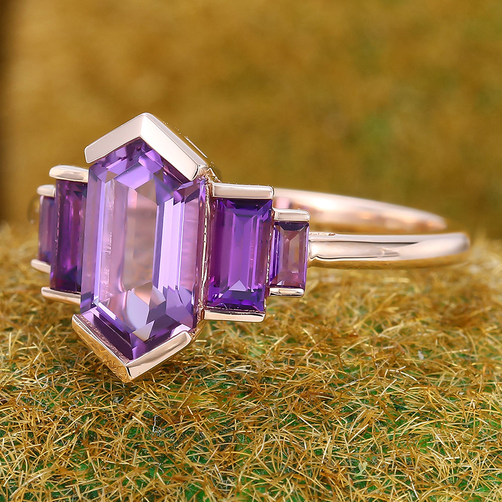Long Hexagon Cut Amethyst Engagement Ring Unique Art Deco Ring