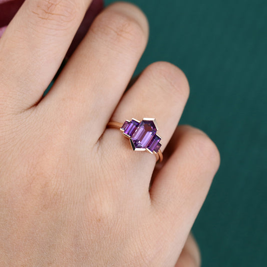 Long Hexagon Cut Amethyst Engagement Ring Unique Art Deco Ring
