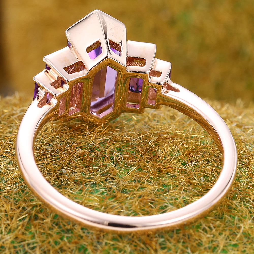 Long Hexagon Cut Amethyst Engagement Ring Unique Art Deco Ring