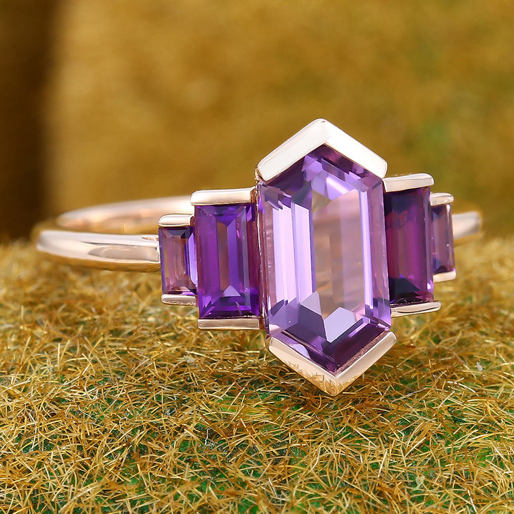 Long Hexagon Cut Amethyst Engagement Ring Unique Art Deco Ring