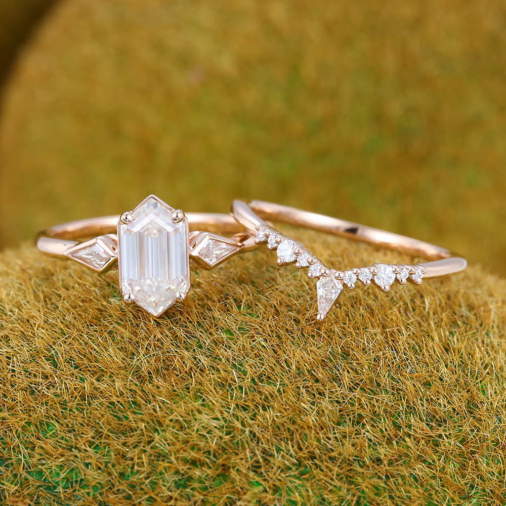 1CT Long Hexagon Cut Moissanite Engagement Ring Set with Petite Moissanite Accents