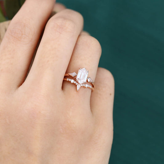 1CT Long Hexagon Cut Moissanite Engagement Ring Set with Petite Moissanite Accents