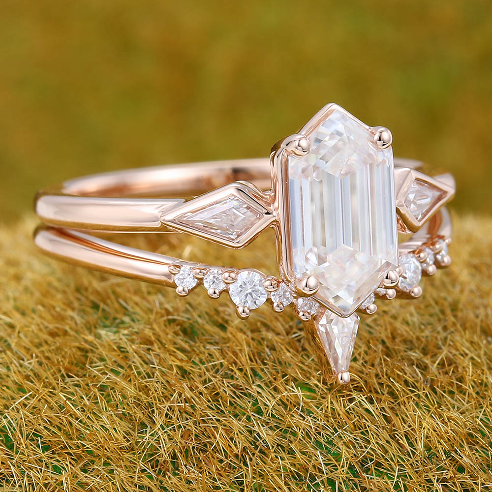 1CT Long Hexagon Cut Moissanite Engagement Ring Set with Petite Moissanite Accents