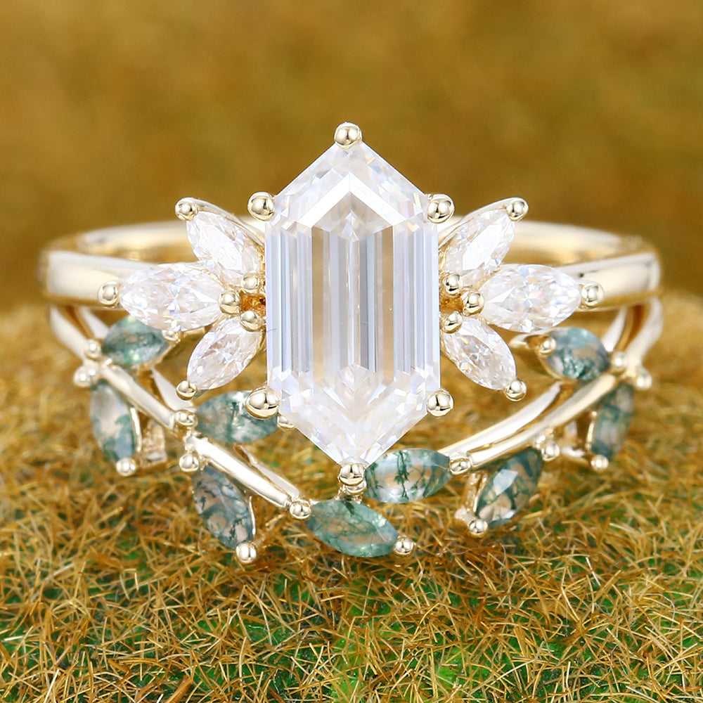Long Hexagon Cut Moissanite Engagement Ring Set Nature-Inspired Bridal Ring Set