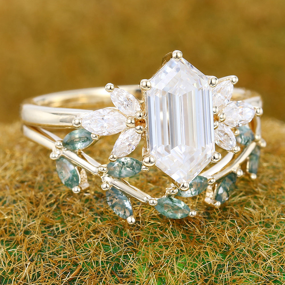 Long Hexagon Cut Moissanite Engagement Ring Set Nature-Inspired Bridal Ring Set