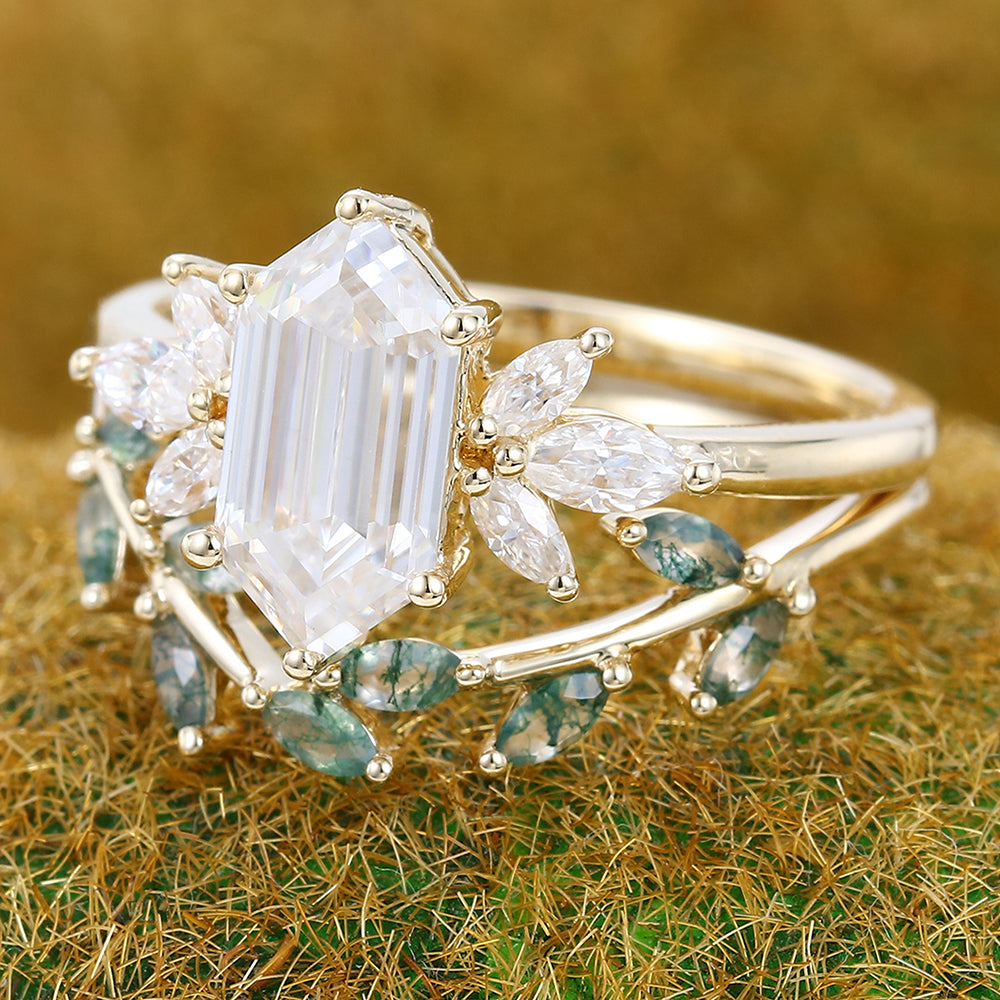 Long Hexagon Cut Moissanite Engagement Ring Set Nature-Inspired Bridal Ring Set