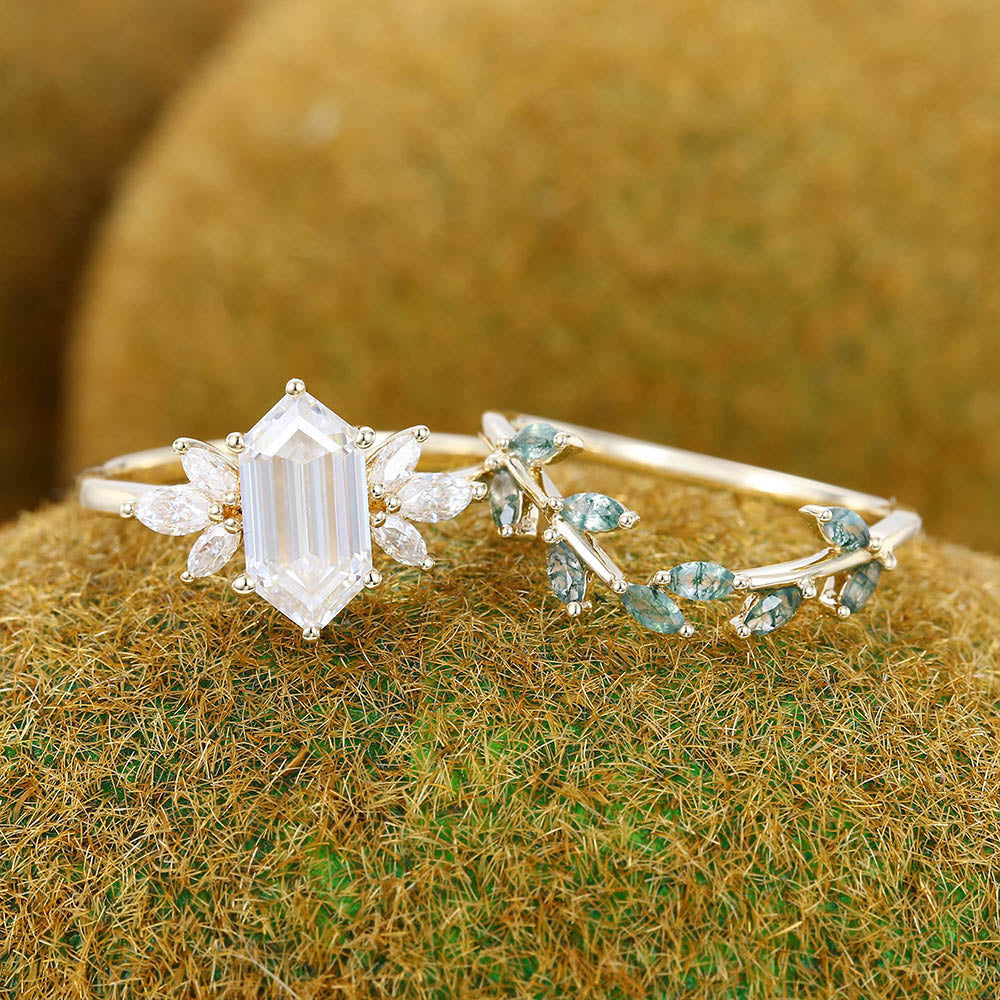 Long Hexagon Cut Moissanite Engagement Ring Set Nature-Inspired Bridal Ring Set