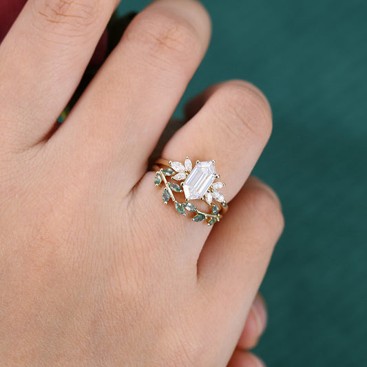 Long Hexagon Cut Moissanite Engagement Ring Set Nature-Inspired Bridal Ring Set