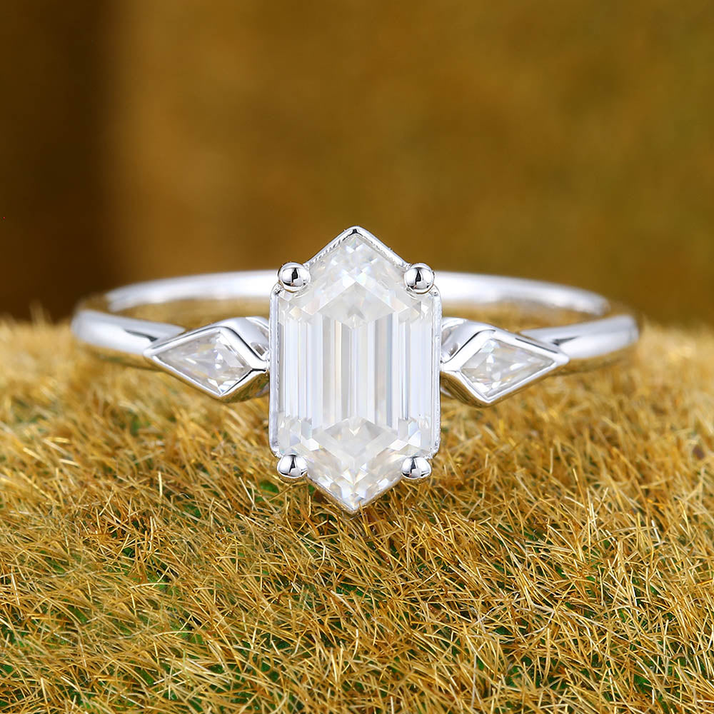 1CT Long Hexagon Moissanite Engagement Ring with Kite Accents