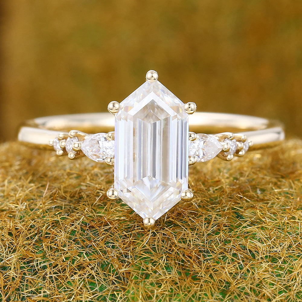 Vintage Elongated Hexagon Moissanite engagement ring Unique white gold engagement ring Pear shaped ring Wedding Promise Anniversary gift