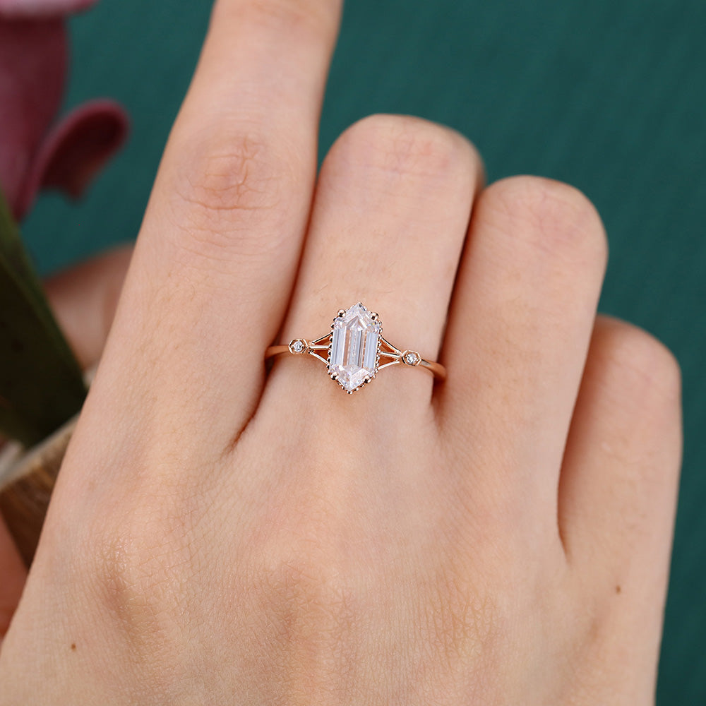 Vintage Gothic Long Hexagon Cut Moissanite Engagement Ring