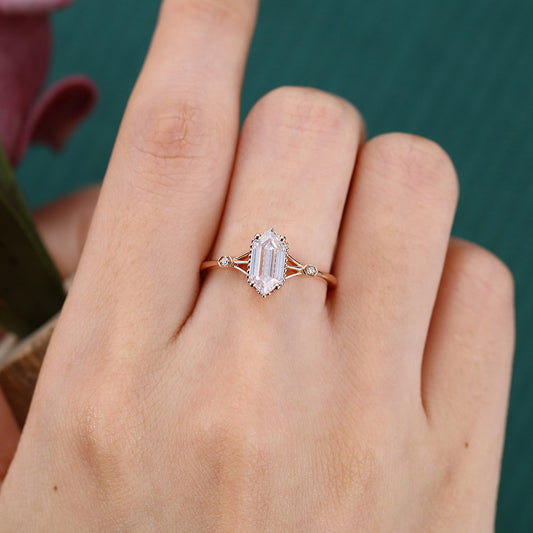 Vintage Gothic Long Hexagon Cut Moissanite Engagement Ring