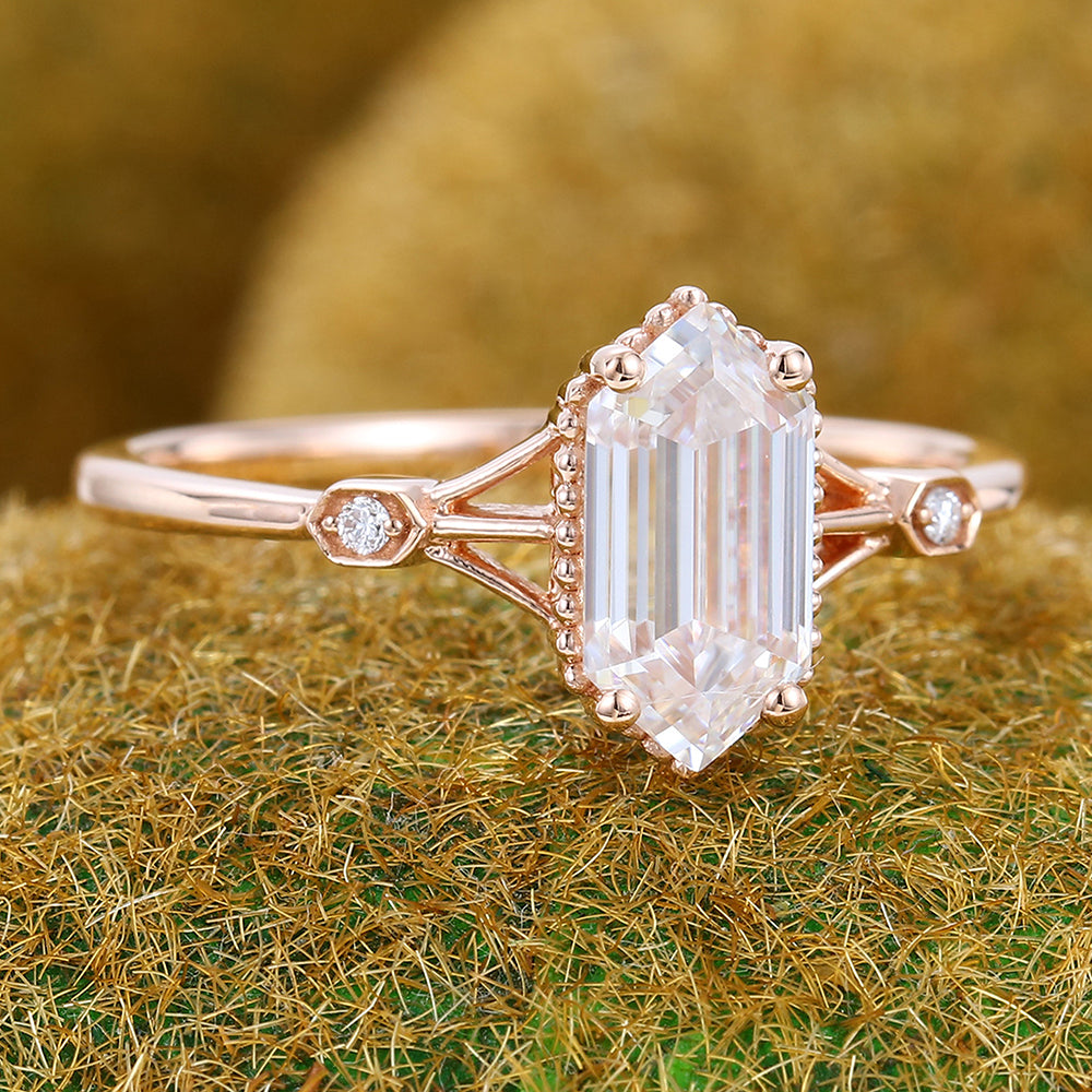 Vintage Gothic Long Hexagon Cut Moissanite Engagement Ring