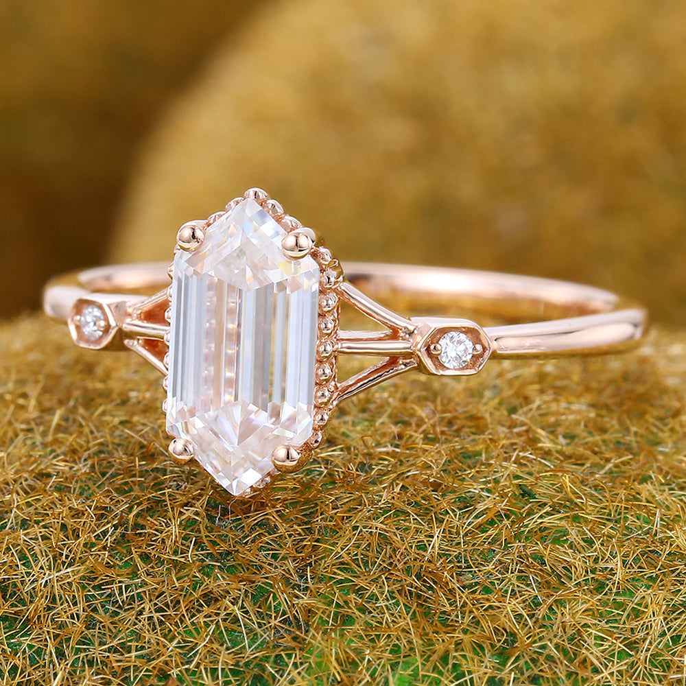 Vintage Gothic Long Hexagon Cut Moissanite Engagement Ring