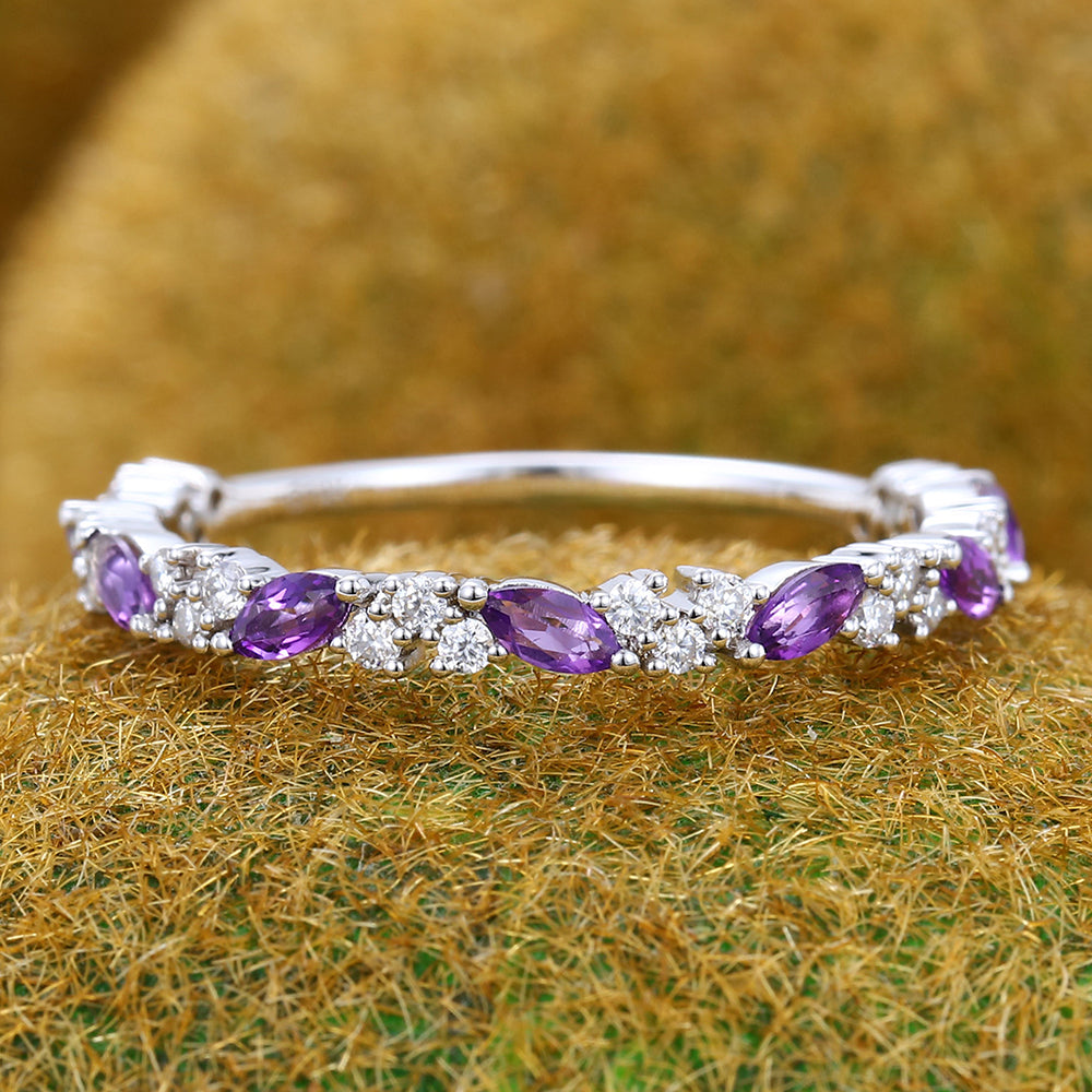 Marquise Amethyst Wedding Band Anniversary Ring with Petite Moissanite Accents