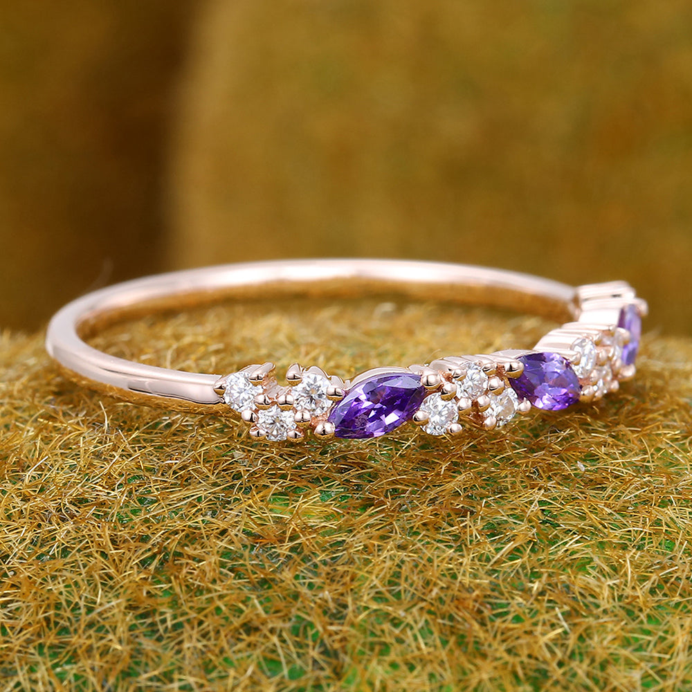 Marquise Amethyst Wedding Band Anniversary Ring with Petite Moissanite Accents