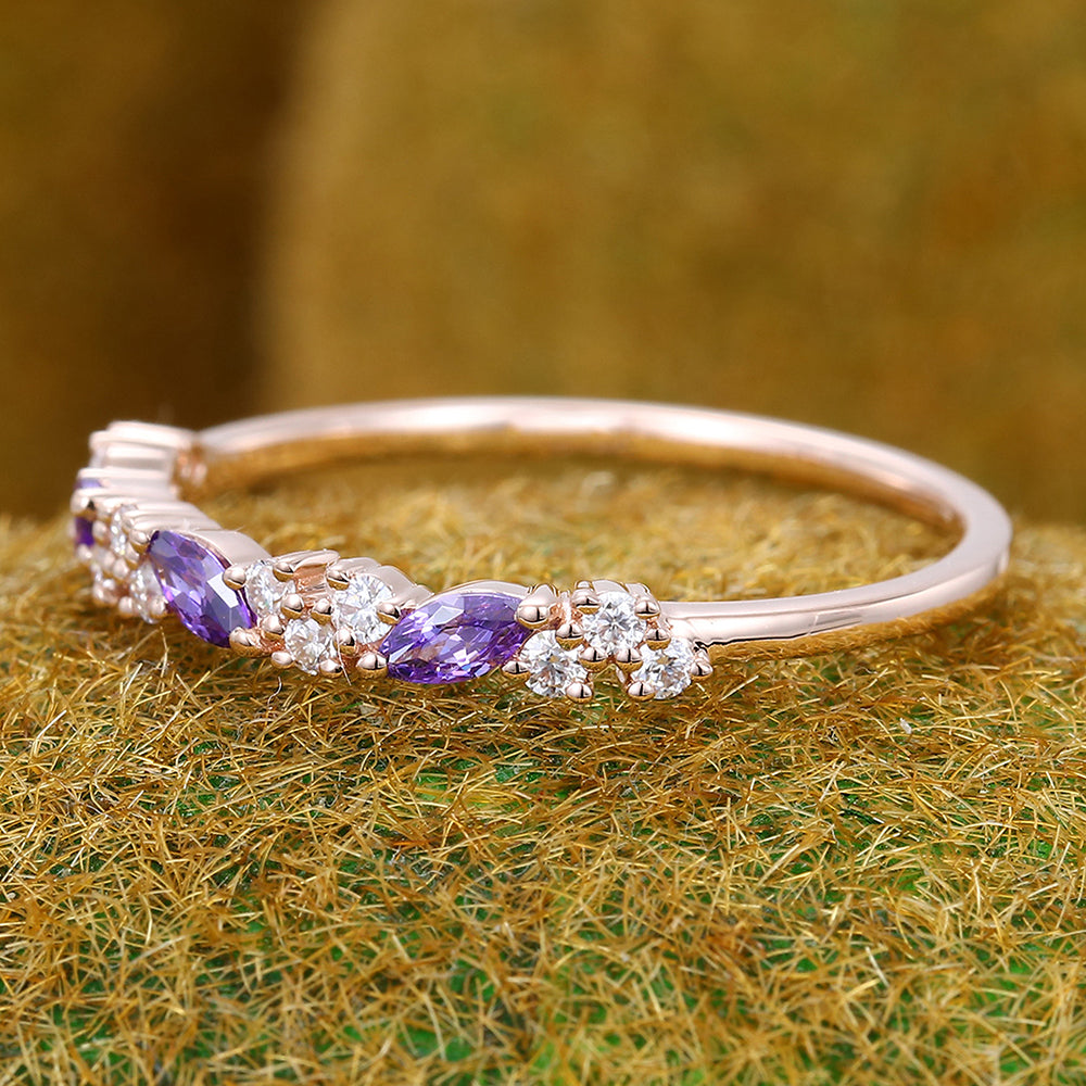 Marquise Amethyst Wedding Band Anniversary Ring with Petite Moissanite Accents