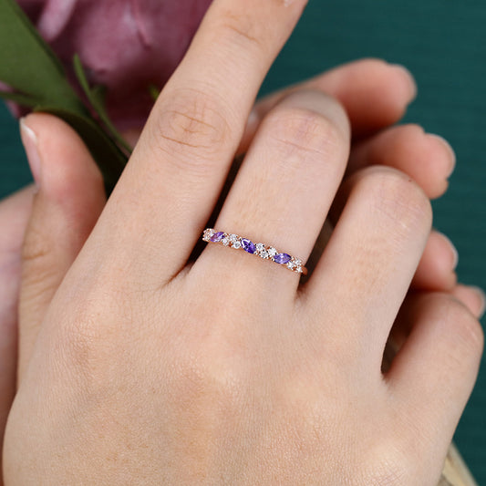 Marquise Amethyst Wedding Band Anniversary Ring with Petite Moissanite Accents