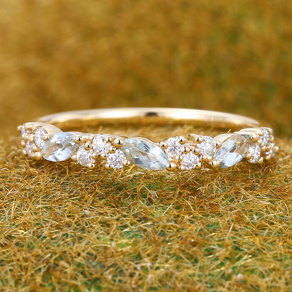 Marquise Aquamarine Wedding Band with Petite Moissanite Accents