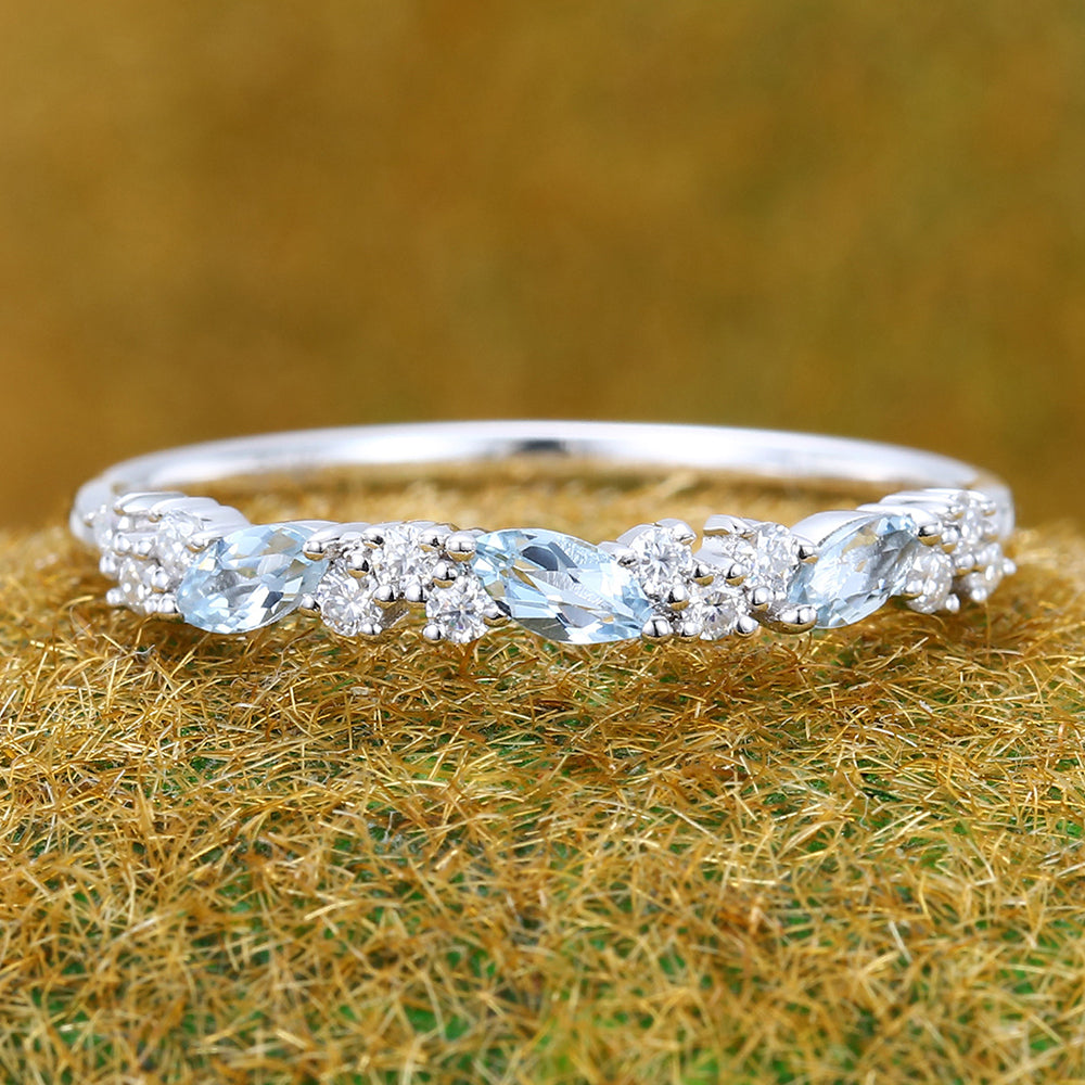 Marquise Aquamarine Wedding Band with Petite Moissanite Accents