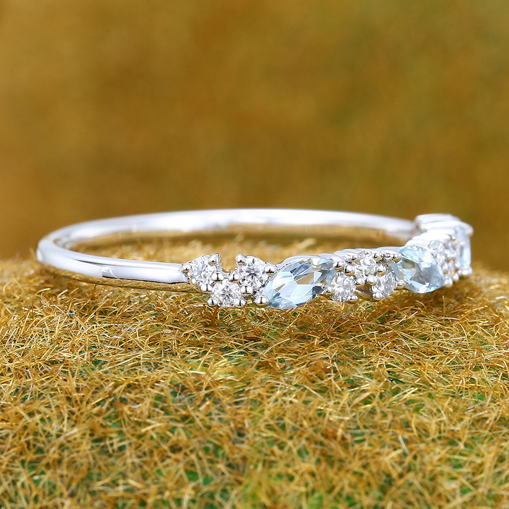Marquise Aquamarine Wedding Band with Petite Moissanite Accents