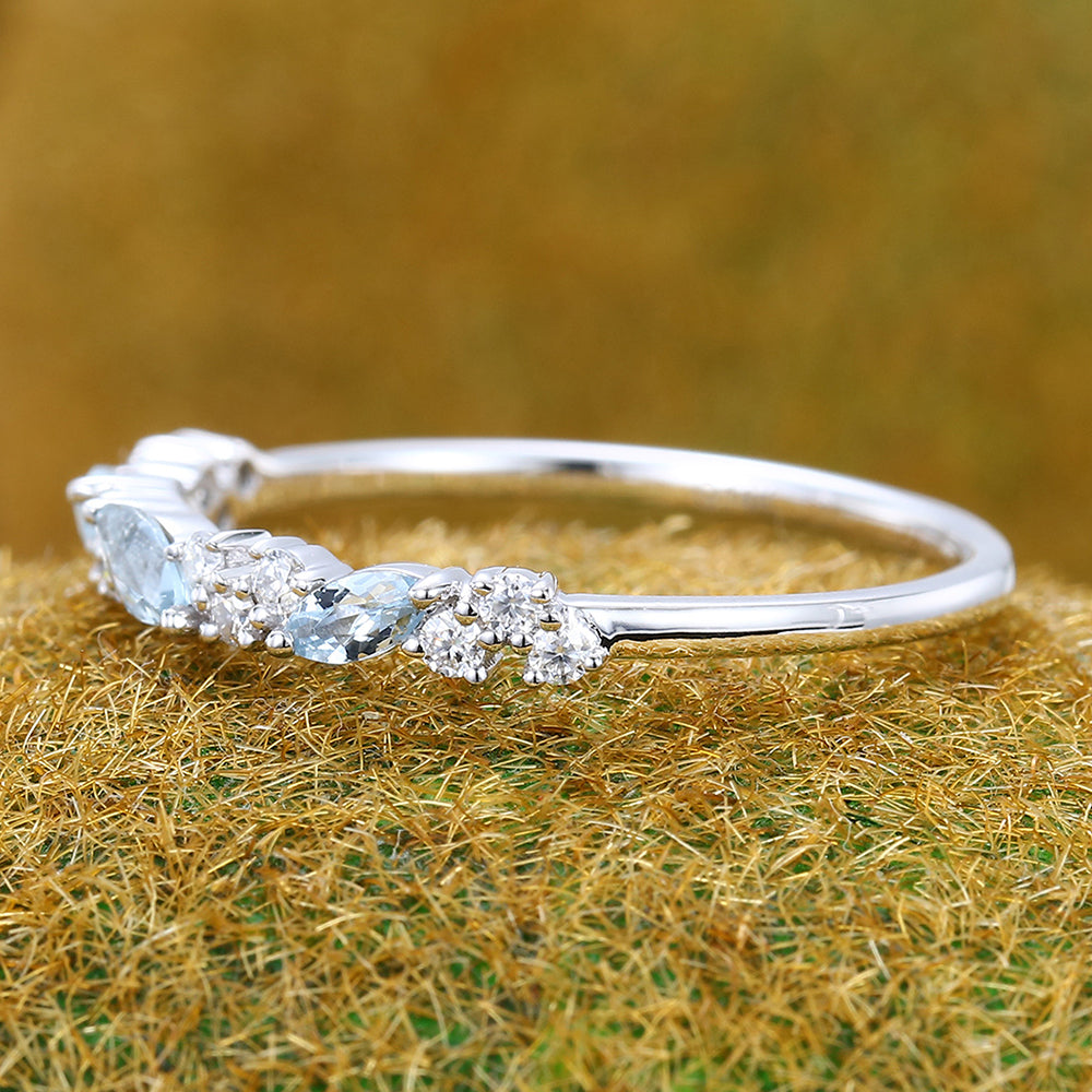 Marquise Aquamarine Wedding Band with Petite Moissanite Accents