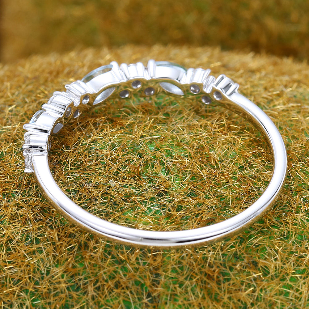 Marquise Aquamarine Wedding Band with Petite Moissanite Accents