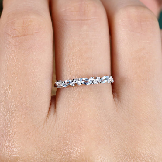 Marquise Aquamarine Wedding Band with Petite Moissanite Accents