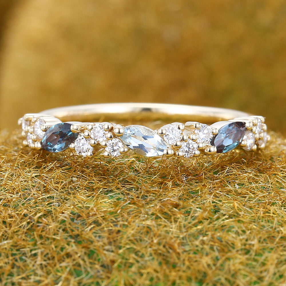 Marquise Aquamarine & Alexandrite Wedding Band with Petite Moissanite Accents