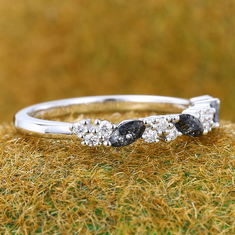 Marquise Black Rutilated Quartz & Round Moissanite Wedding Band Anniversary Ring