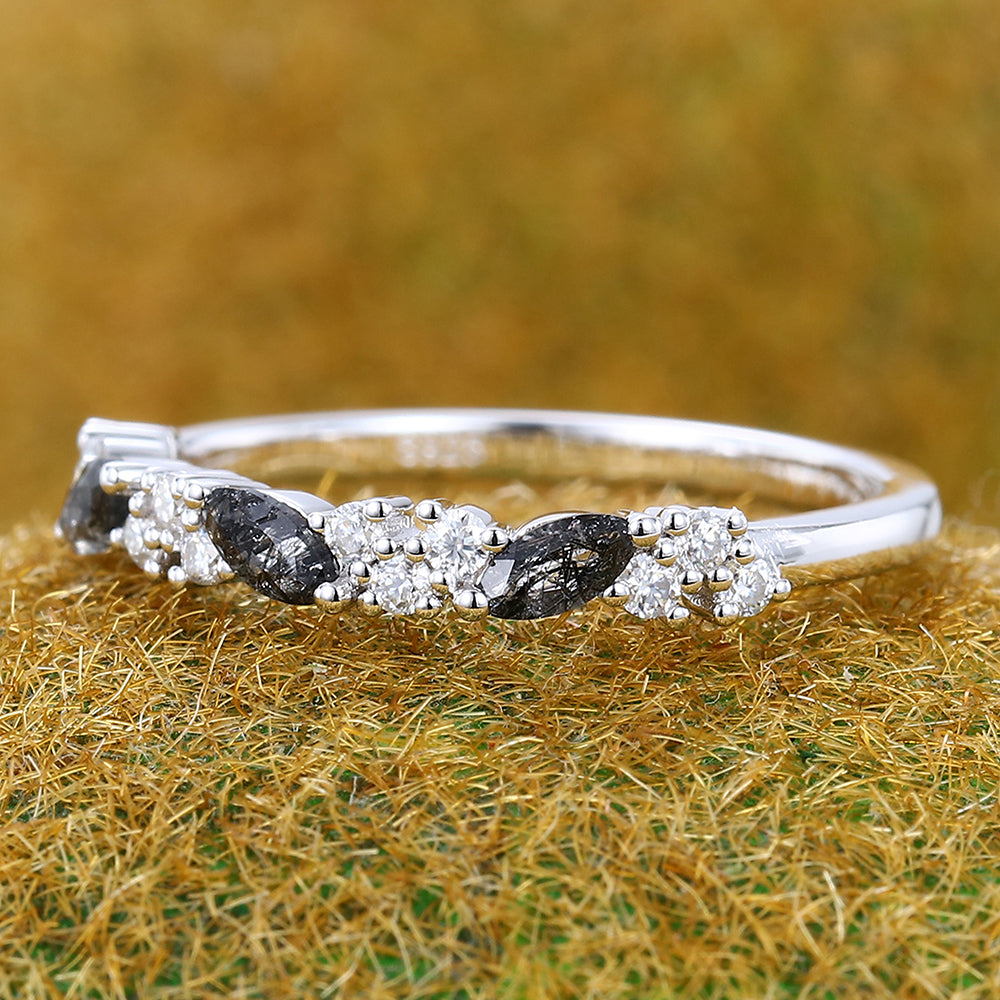 Marquise Black Rutilated Quartz & Round Moissanite Wedding Band Anniversary Ring