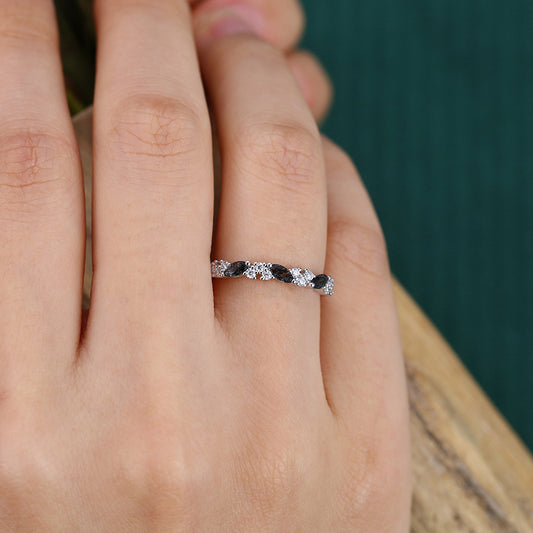 Marquise Black Rutilated Quartz & Round Moissanite Wedding Band Anniversary Ring