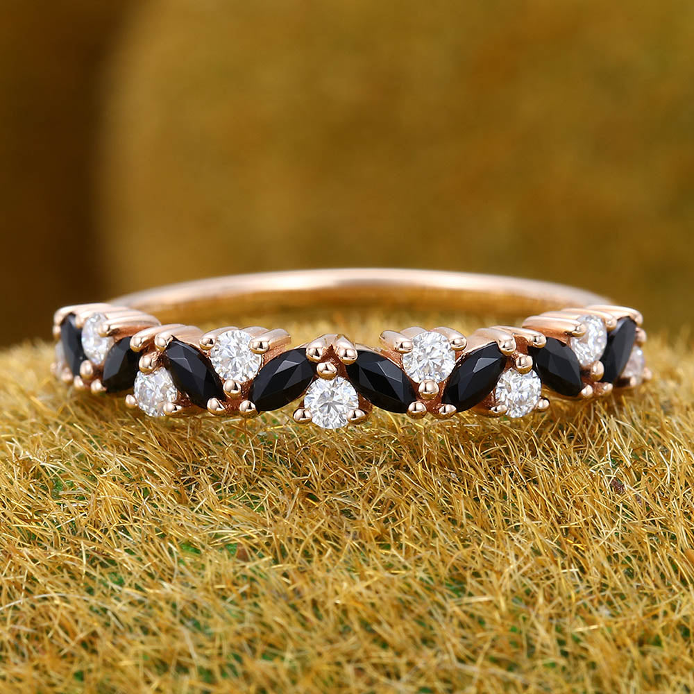 Alternating Marquise Black Onyx & Round Moissanite Wedding Band Anniversary Ring